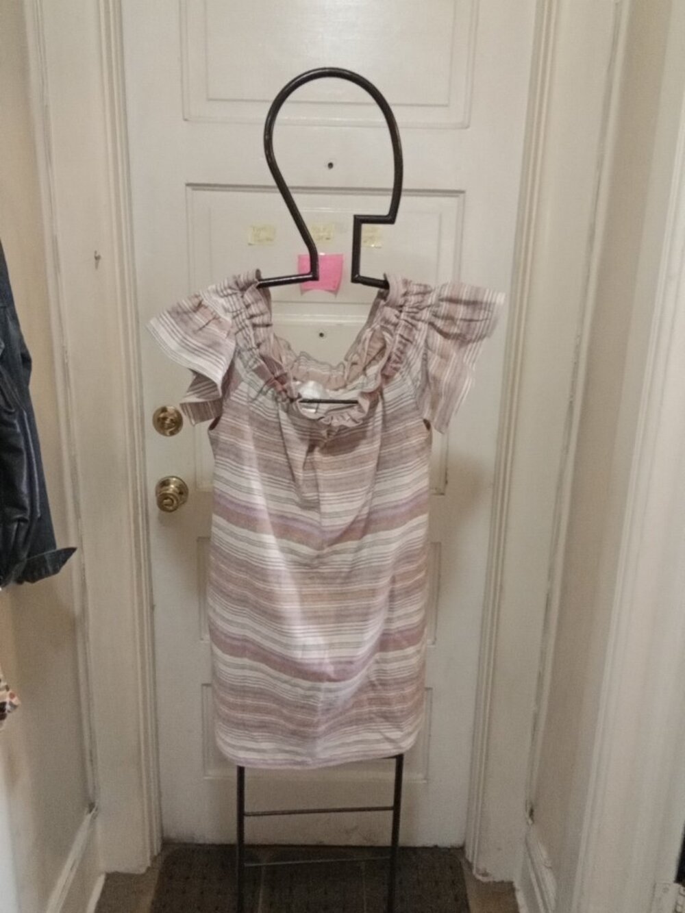 Corey Lynn Calter Striped Ruffle Off-Shoulder Dress in Blush and Cream